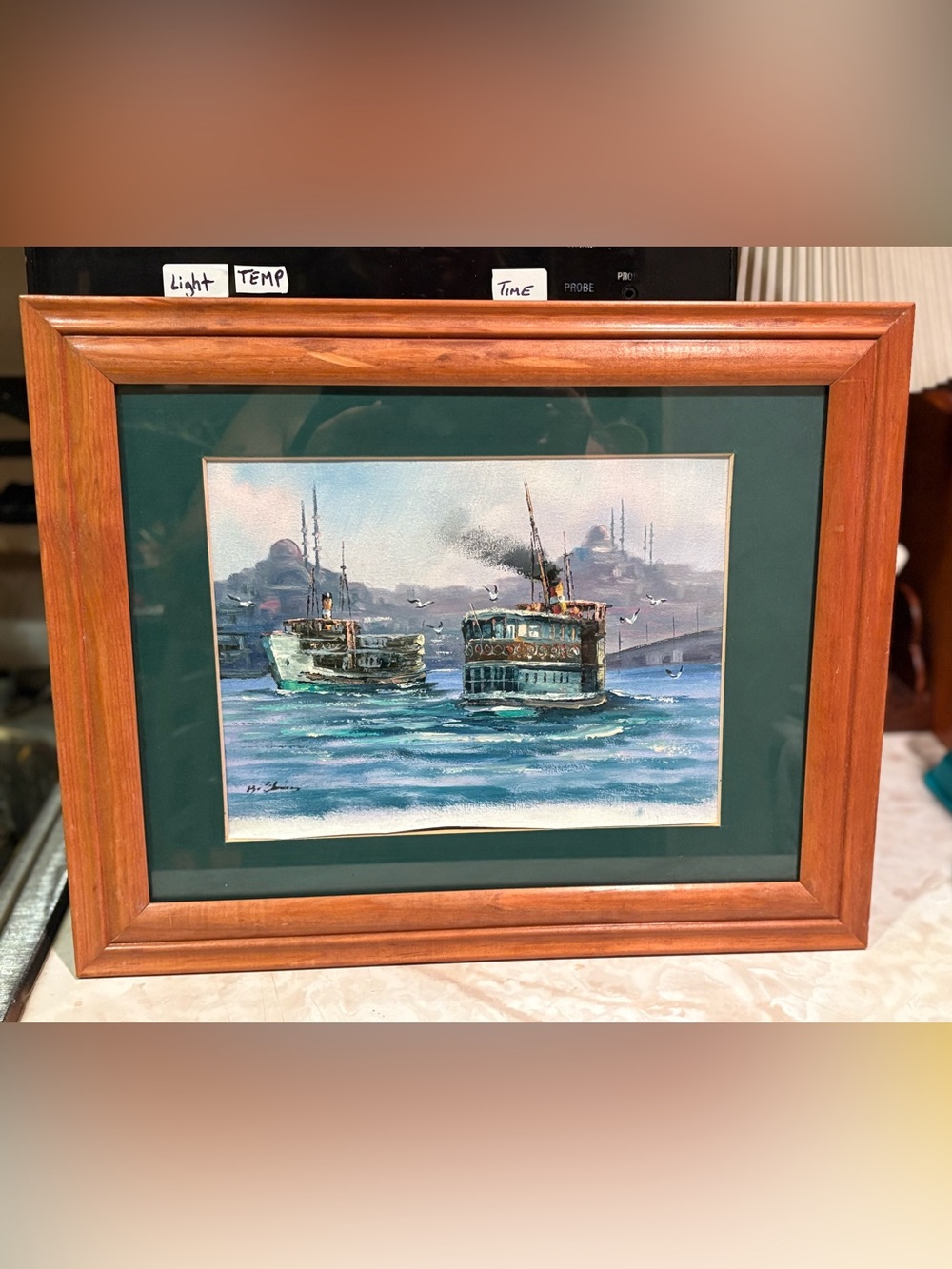 Framed Seascape Art Print with Green Mat and Wood Frame signed